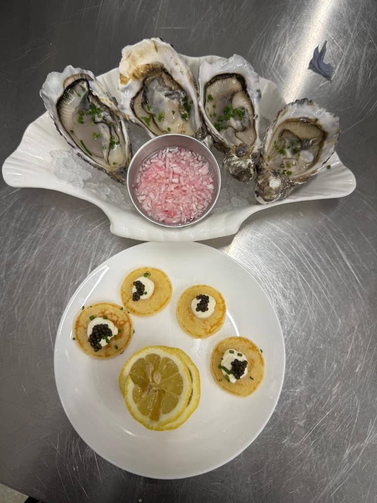 Oysters and caviar blinis