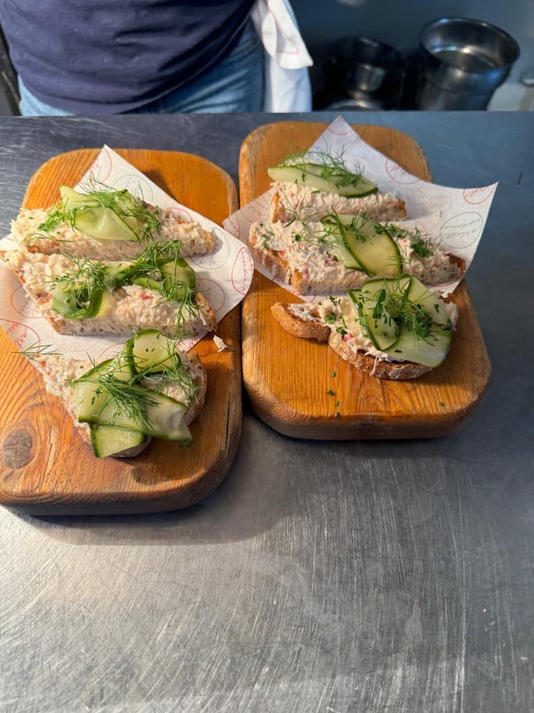 Crab toasts with cucumber ribbons