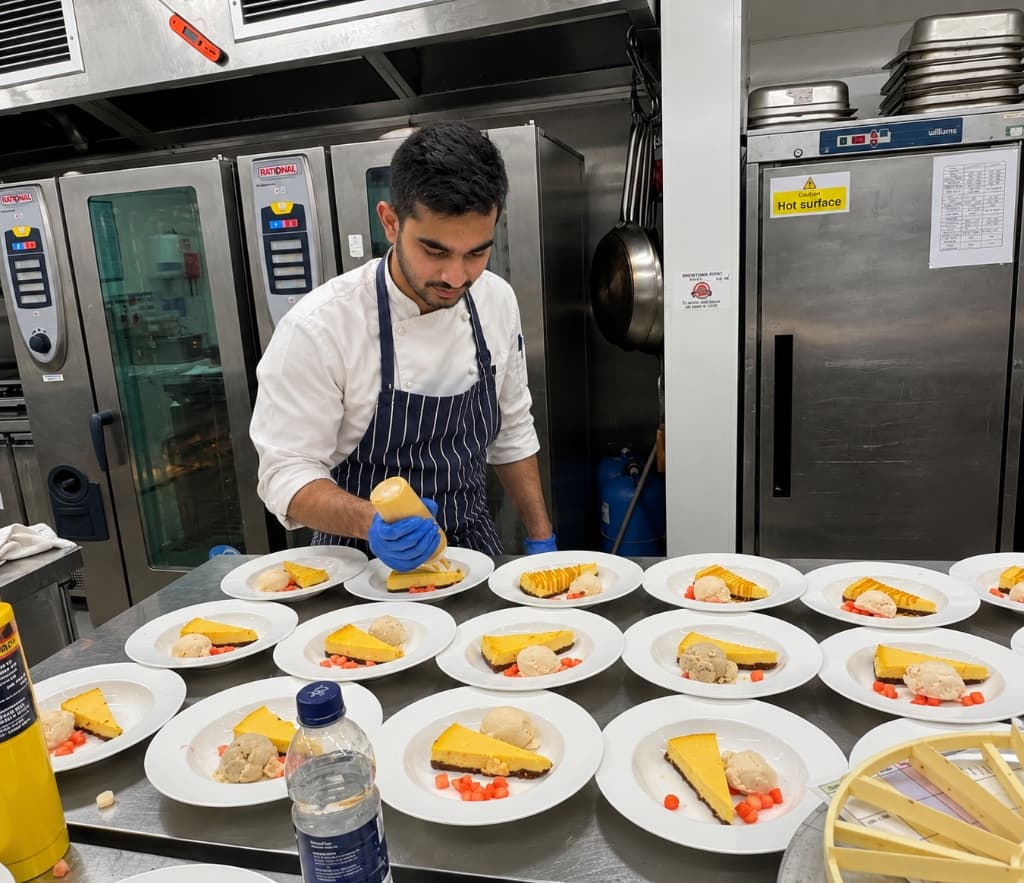 Professional chef Hitarth Chauhan plating in a London restaurant kitchen